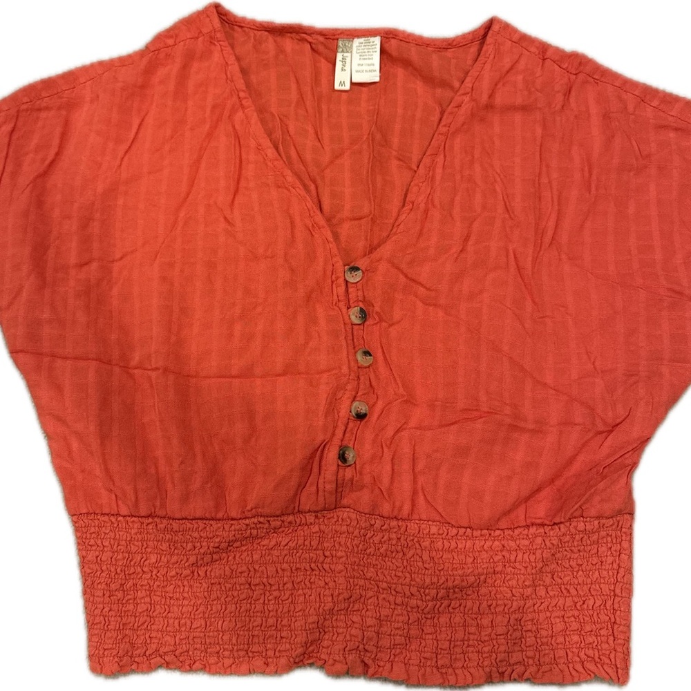 Japna Coral V-Neck Blouse with Button Detail